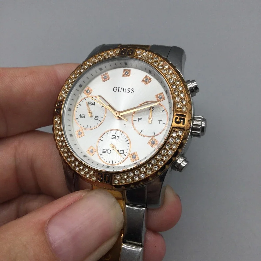 Guess Womens Watch 38mm Rose Gold Two Tone Crystal Bezel New Battery 6.5